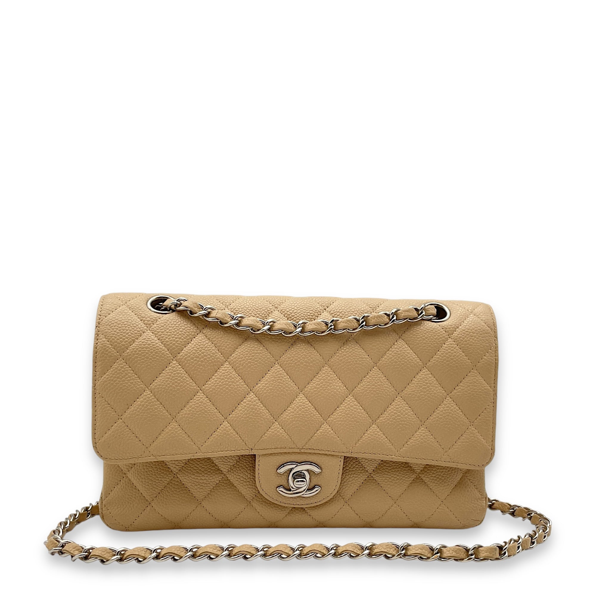 Classic Double Flap Beige Shoulder Bag in Caviar Leather, Silver hardware - Image 3