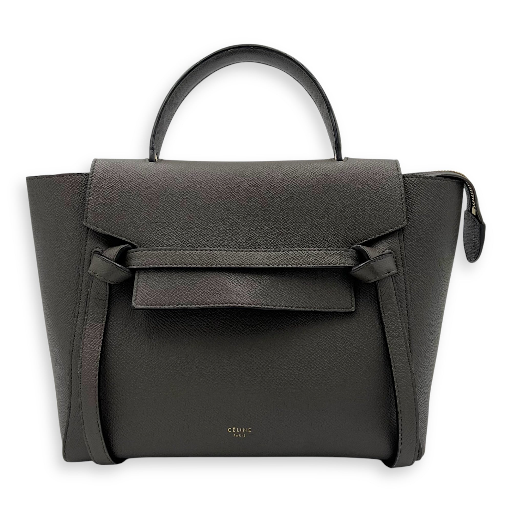 Belt Bag Top Handle Bag Micro Grey in Calfskin, Gold hardware