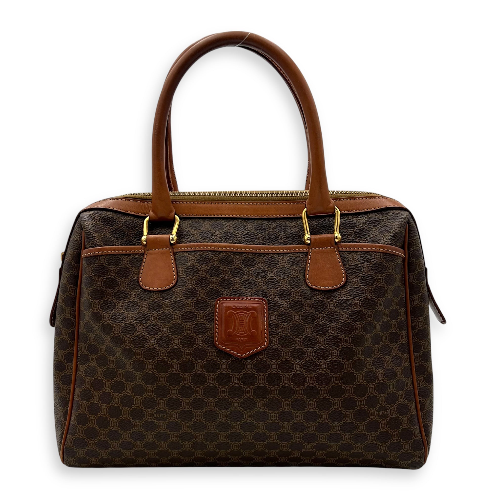 Vintage Macadam Boston Top Handle Bag Brown in Coated Canvas, Gold hardware