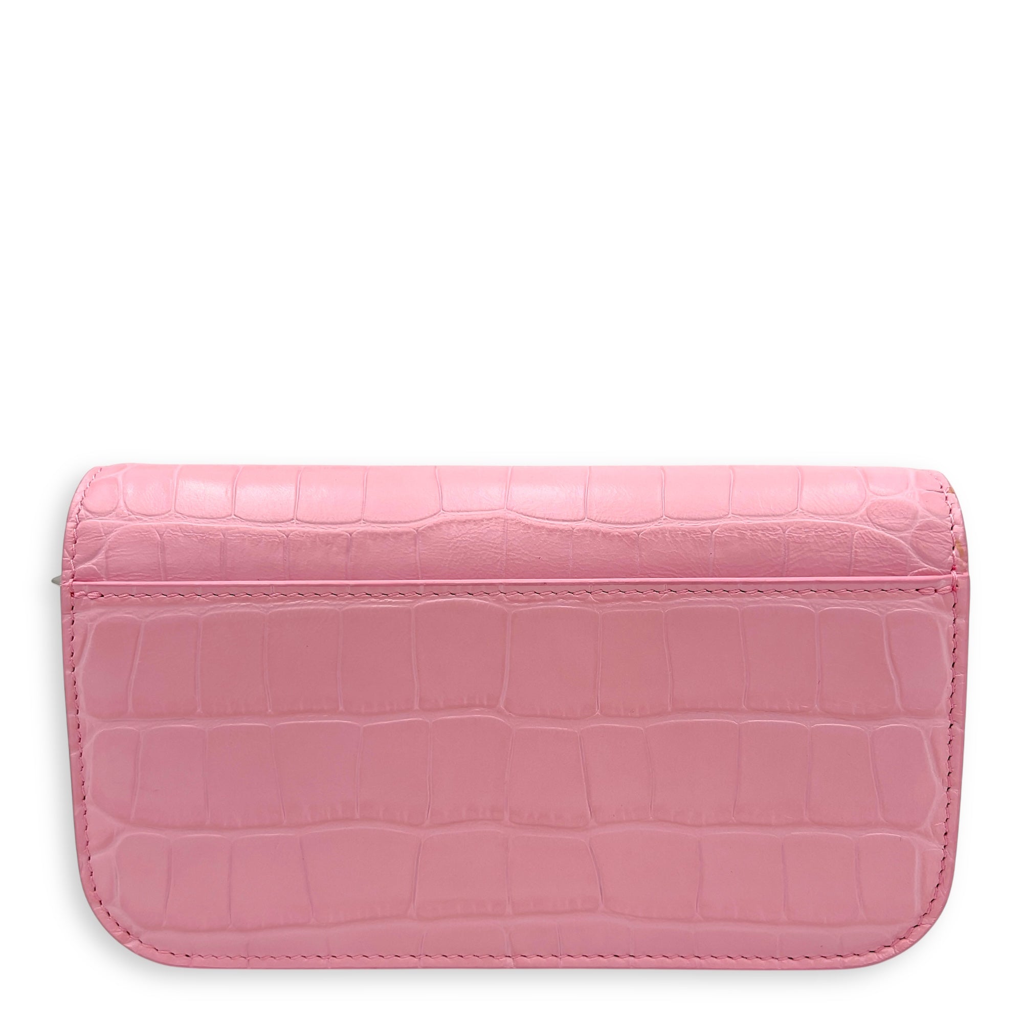 Gossip Pink Wallet On Chain in Crocodile Embossed Calfskin, Silver hardware - Image 3