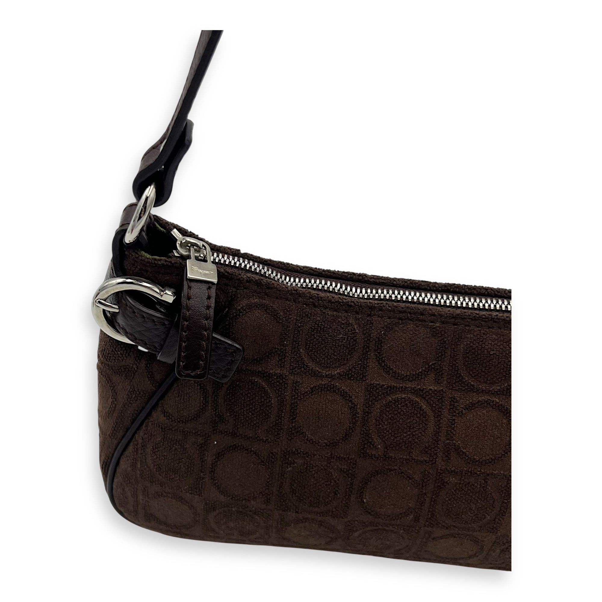 Gancini Brown Shoulder Bag in Fabric, Silver hardware - Image 8