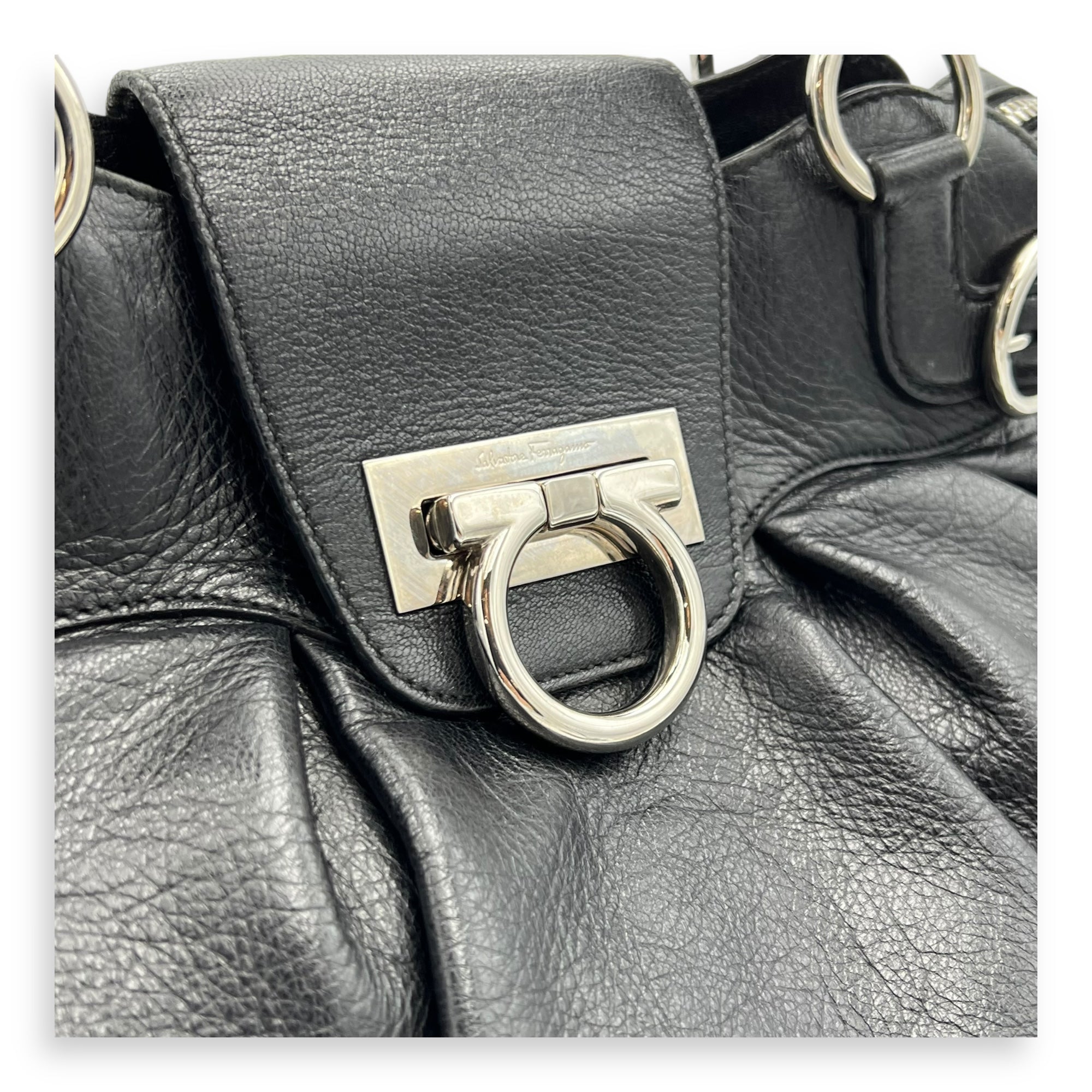 Gancini Black Tote Bag in Calfskin, Silver hardware - Image 8