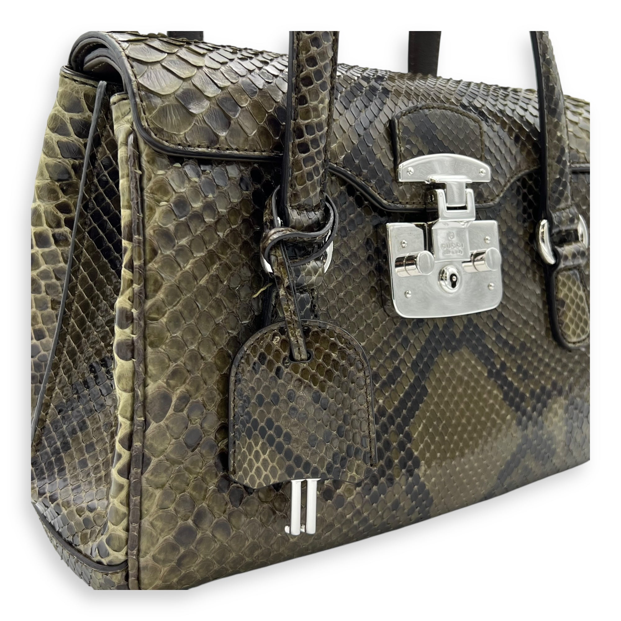 Flap Green Top Handle Bag in Snake Skin, Silver hardware - Image 9