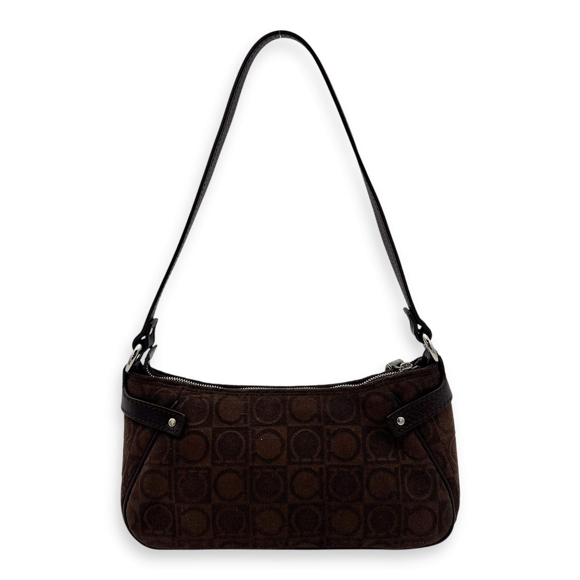 Gancini Brown Shoulder Bag in Fabric, Silver hardware - Image 3
