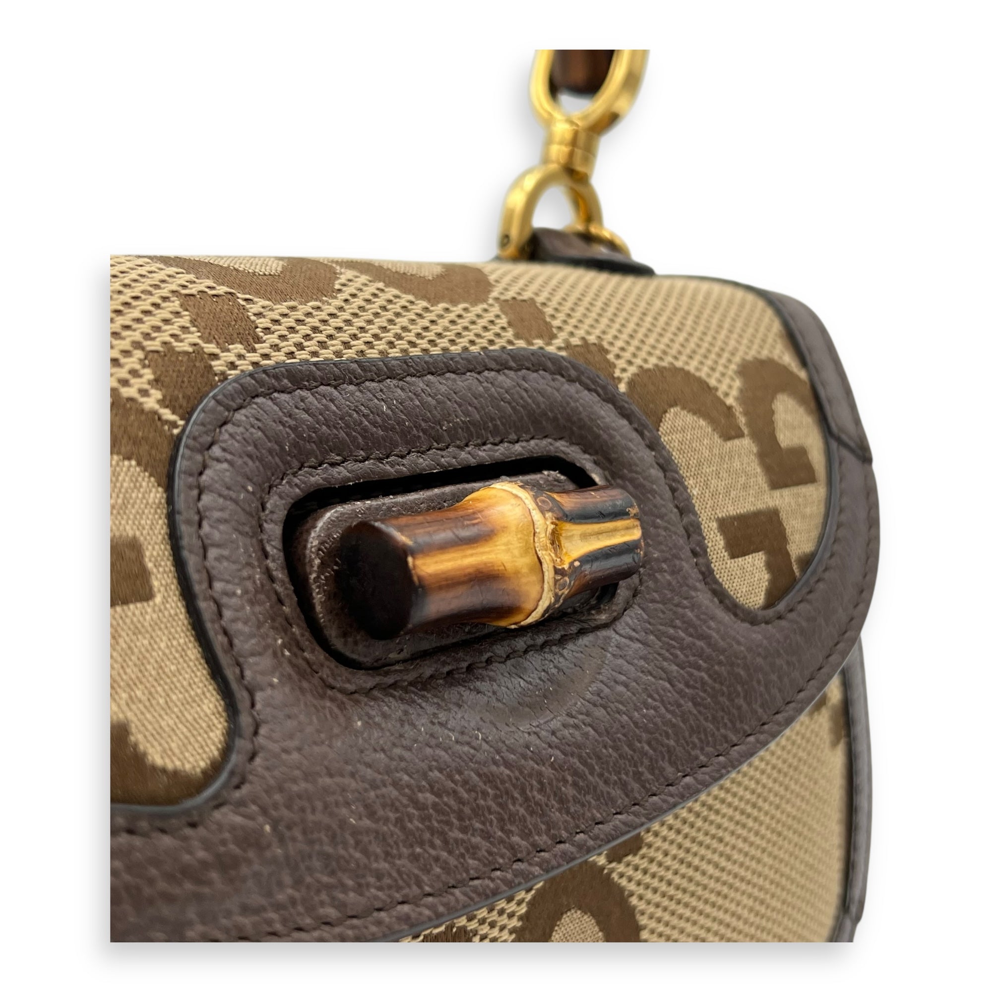 Bamboo Top Handle Bag Brown in Canvas, Gold hardware - Image 9