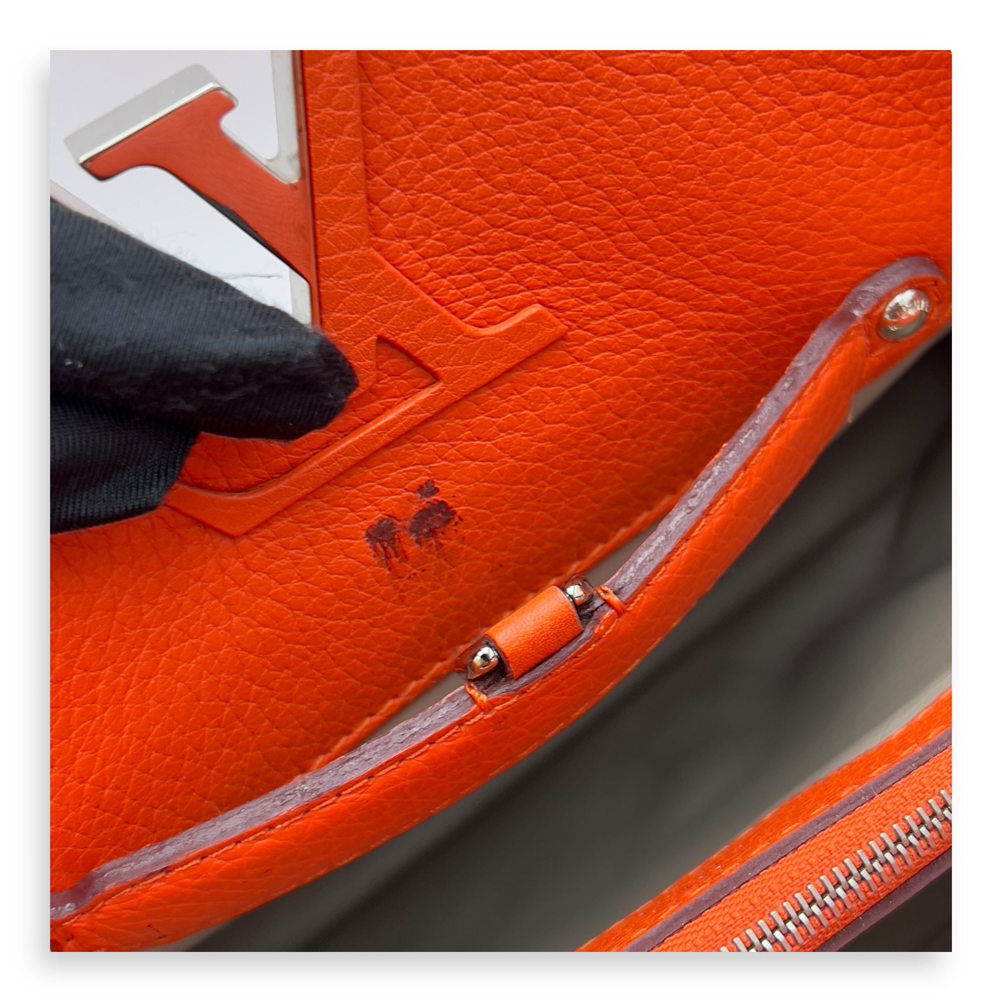 Capucines MM Clementine Top Handle Bag in Taurillon Leather, Light Gold hardware - Image 11