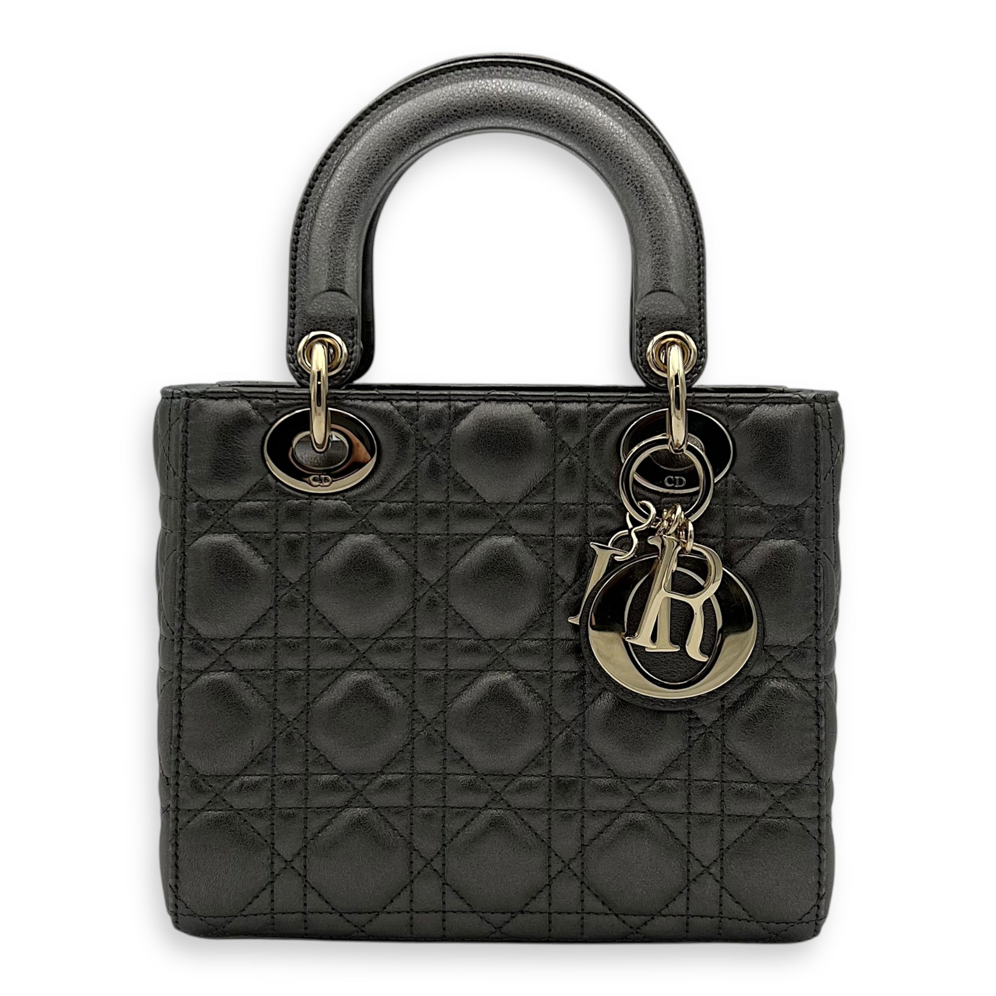 Lady Dior Small Grey Top Handle Bag in Calfskin, Gold hardware